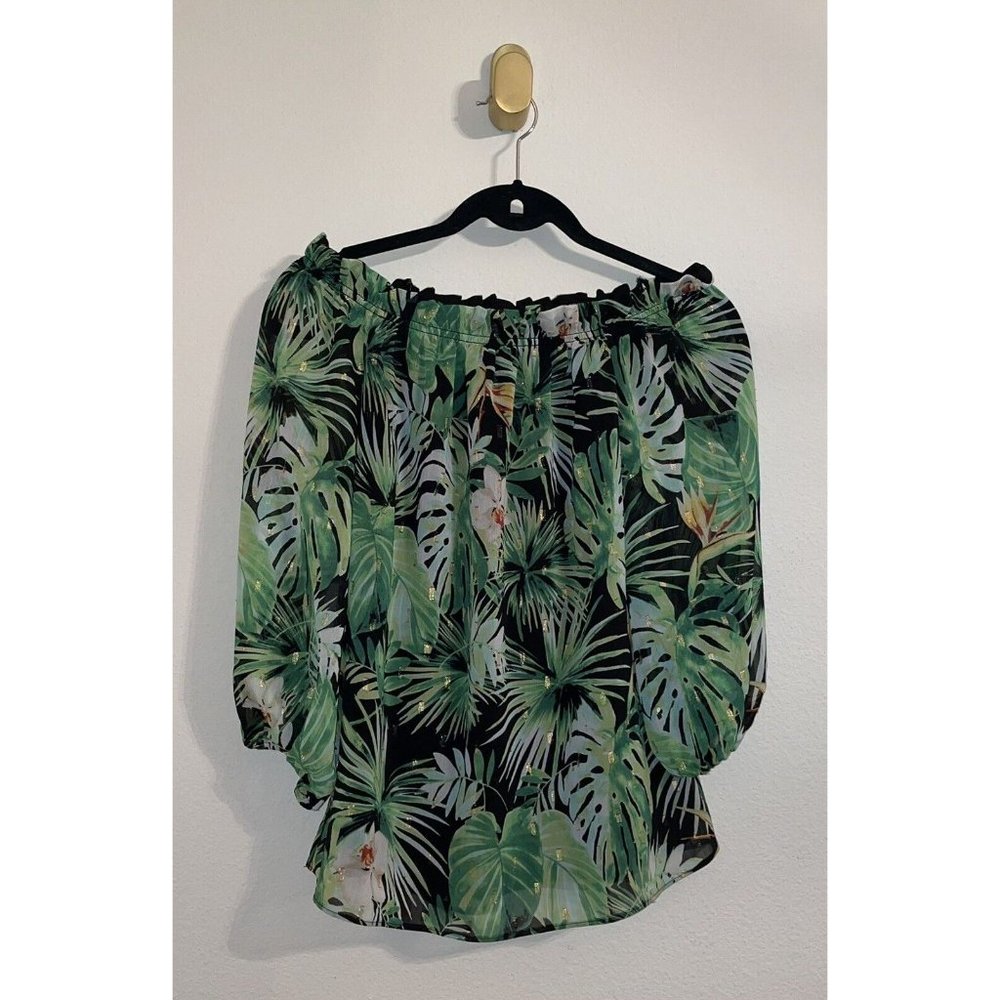 White House Black Market Tropical Print Off The Shoulder Top Blouse XS Green